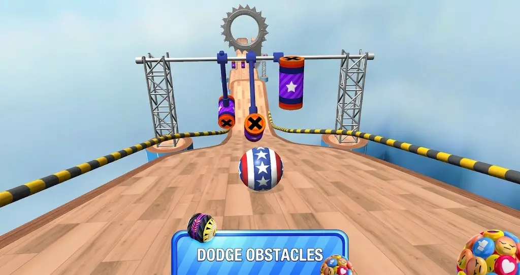Going Balls obstacles including swinging hammers, ramps and wrecking balls